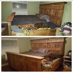 two pictures of a dog sleeping on top of a bed and bottom view of the same bed