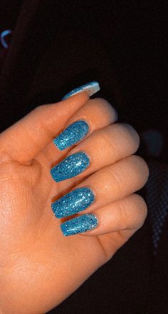 Blue Nails Acrylic Sparkle, Sparkly Summer Nails Glitter, Blue Sparkle Acrylics, Blue Glitter Nail Designs, Sparkly Blue Nails Acrylic, Glitter Blue Nails, Sparkly Blue Nails, Blue Sparkly Nails, Deep Blue Sparkle Nails