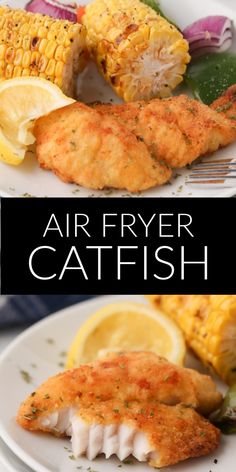 air fryer fish with corn on the cob and lemon wedges for garnish