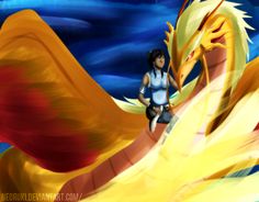 a woman sitting on top of a yellow dragon next to blue sky with clouds in the background