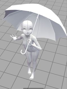 an animation character holding an umbrella on a tiled floor