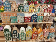 many different colored houses are on display in a flower shop with flowers behind them and one is for sale