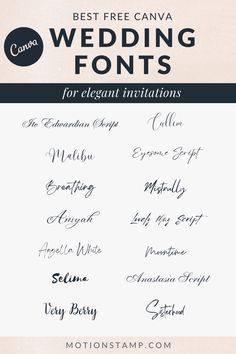 A list of fonts are written in two rows next to each other. Each font displayed is elegant and different from the others, allowing the user to compare fonts styles. Canva Script Fonts Wedding, Canvas Invitation Weddings, Canva Invitation Fonts, Canva Wedding Stationary, Canva Fonts For Wedding Invitation, Wedding Card Fonts, Wedding Font Canva, Canva Wedding Font Combinations