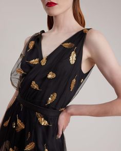 Black Mesh Sleeveless Cocktail Dress With Gold Leaf Embellishments: Women's Luxury Dresses | Anne Fontaine Luxury Sleeveless Mesh Cocktail Dress, Luxury Women's Cocktail Mesh Dress, Luxury Cocktail Mesh Dress For Women, Luxury Embellished Sleeveless Dress For Women, Luxury Embellished Sleeveless Women's Dress, Cruise Collection, Style Muse, Luxury Dresses, Fall Coat