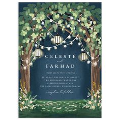 a wedding card with lights hanging from the trees and greenery on it, in blue