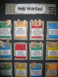 a bulletin board with different types of paper clips attached to it and the words help wanted written on them