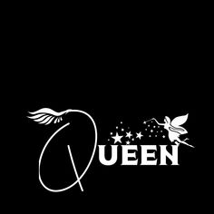 the logo for queen is shown on a black background with white stars and an arrow