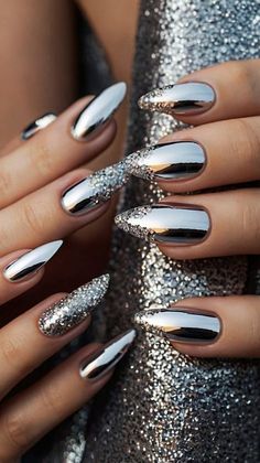 Winter Dark Silver Nails, Silver Nails Designs, Mexico Nails, Prom Nail Designs, Prom Nails Silver, Hoco Nails, Silver Nail Designs, Nail Glam, Classy Acrylic