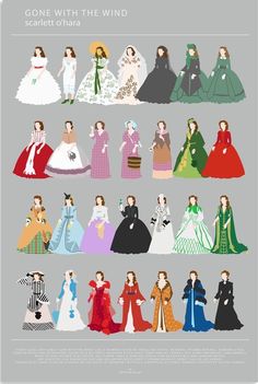 an illustrated poster with many different dresses and hair styles for the movie gone with the wind