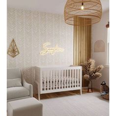 a baby's room with a crib, chair and lamp