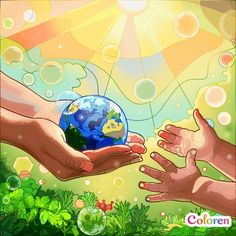 two hands reaching out to each other with soap bubbles floating around them and the earth in their palms