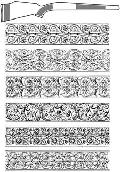 an ornate pattern with scrolls and flowers on the edges is shown in black and white