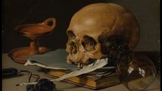 a painting of a human skull on top of a book next to some glasses and other items