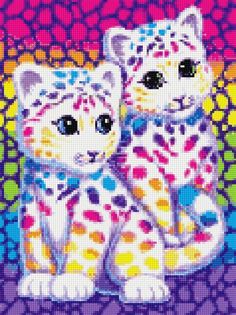 two white kittens sitting next to each other in front of a colorful wallpaper