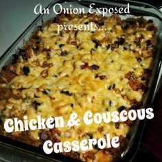 chicken and couscous casserole with an onion exposed