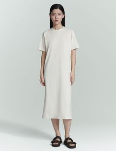 Oversized Crew Neck Dress For Daywear, Oversized T-shirt Dress With Short Sleeves For Daywear, Oversized Short Sleeve Midi Dress For Daywear, Oversized Cotton T-shirt Dress For Loungewear, Cotton Jersey Fabric, Ribbed Neckline, Wide Sleeves, Manufacturing Process, Hand Picked