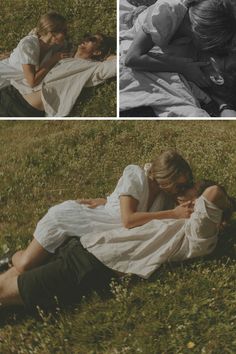 two people are laying in the grass with their arms around each other and one person is hugging