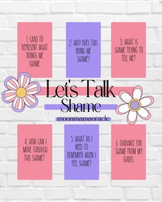 the words let's talk shame written on pink and purple squares with flowers in them