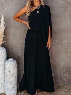 One-shoulder Solid Split Side Maxi Dress P13797 Elegant Cold Shoulder Vacation Dress, Elegant Cold Shoulder Dresses For Vacation, Chic One-sleeve Summer Maxi Dress, Black One Shoulder Beach Dress, Casual One-shoulder Flowy Maxi Dress, Casual One Shoulder Flowy Maxi Dress, Casual One Shoulder Solid Maxi Dress, Casual Solid Color One-shoulder Maxi Dress, Solid Flowy Off-shoulder Dresses