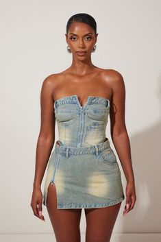 Sora denim Corset - Yellow Wash High Waist Denim Corset, Strapless Denim Corset Dress, Fitted Blue Denim Corset Dress, Mars The Label, Baddie Outfits Party, Fitted Denim Corset In Medium Wash, Trendy Denim Fitted Corset, Wardrobe Goals, Denim Corset