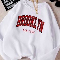 Brooklyn White Crew Neck Sweatshirt. Neoprene Soft Fabric. Brand New. No Flaws. Nice And Soft. Please See All Photos. Long Sleeve Shirt Bin #3 Casual Pullover Sweater, Monochrome Fashion, Letter Print Sweatshirt, Sports Sweatshirts, Pull Sweat, Womens Crewneck, Shein Tops, Print Sweatshirt, Print Pullover