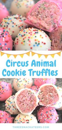 circus animal cookie truffles with sprinkles and pink frosting on them