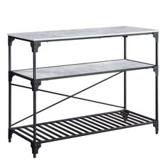 a metal shelf with two shelves on each side and one shelf below the shelf is empty