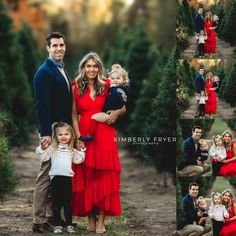 a collage of family photos with christmas trees in the back ground and behind them