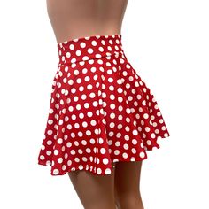 Everyone needs a little polka-dot in their lives! This red & white polka dot spandex skater skirt is a full-circle mini skirt that will sit high on your natural waist. It is perfect for your "Minnie" costume or festival outfit. We use high quality 4-way stretch spandex and make our clothing to order in the USA. Summer Polka Dot Mini Bottoms, Retro Summer Tennis Skirt, Retro Tennis Skirt For Summer, Retro Red Mini Skirt For Summer, Retro Fitted Tennis Skirt For Summer, Fitted Retro Tennis Skirt For Summer, Retro Red Skort For Summer, Retro Red Summer Skort, Summer Polka Dot Mini Skirt