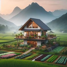 a house in the middle of a green field with mountains in the backgroud