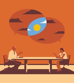 two people sitting at a table with an orange sky in the background and clouds above them