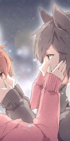 two anime characters are looking at each other in front of the sky with snow flakes