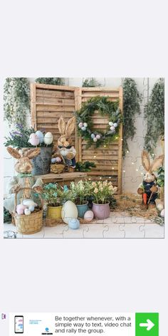 a puzzle piece with some bunny figurines on it and flowers in the background