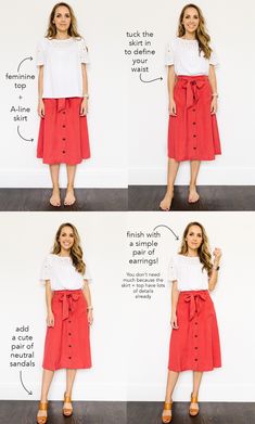 Outfits With Skirts, A Line Skirt Outfits, Rok Midi, Mode Tips, Summer Style Guide, Neue Outfits, Red Skirt, Stylish Outfit, Fashion Hacks Clothes