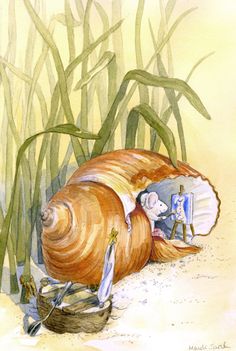 a painting of a snail laying on the ground with its shell open and two people inside it