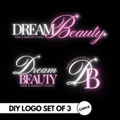 the logo for dream beauty hair and makeup studio is shown in three different font styles