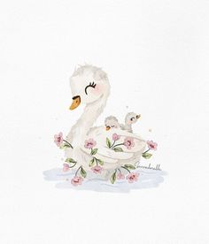 a watercolor painting of a mother swan and her two babies in a nest with pink flowers