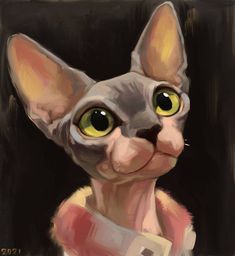 a painting of a cat with green eyes looking at the camera and wearing a pink shirt