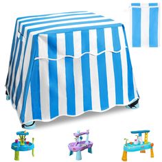 a blue and white striped table cover with toys on it, including a toy bench