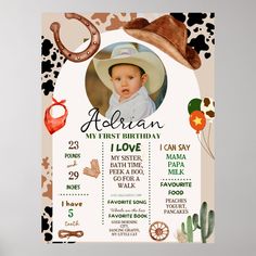 a baby's first birthday card with an image of a cowboy