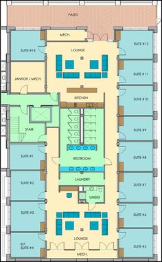 the floor plan for an office building with two floors and three levels, including a second level