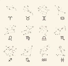 the zodiac signs and their symbols are drawn in black ink on a white paper background