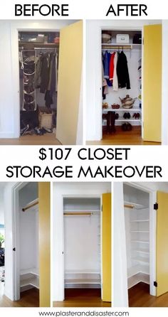 before and after closet makeover with white walls, yellow painted doors and open shelves