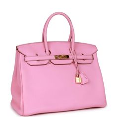 This super collectible Birkin is in Bubblegum togo leather with gold hardware and has contrast stitching, a front toggle closure, a clochette with lock and two keys, and double rolled handles. The interior is lined with Bubblegum chevre and has one zip pocket with an Hermes engraved zipper pull and an open pocket on the opposite side. Collection: P square Origin: France Condition: Excellent to Mint; The bag retains its structure and the leather is clean with no visible signs of wear. The front h Bag Collection Aesthetic, Hermes Leather, Light Aesthetic, Hermes Birkin 35, Pinterest Ideas, Hermes Box, Togo Leather, Pretty Food, Hermes Birkin