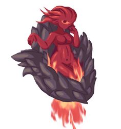 a red demon sitting on top of a plant with fire coming out of its mouth