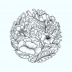 a black and white drawing of flowers in a circle on a light blue background with leaves