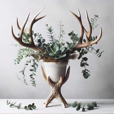 a vase filled with plants and antlers on top of a table