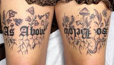 two women with tattoos on their legs that say, as above all else