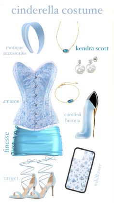 a woman's blue corset and accessories are arranged on a white background