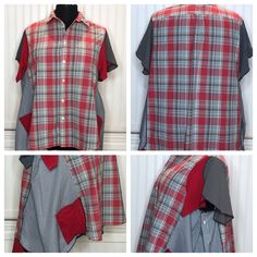 "This easy wear button front tunic shirt was upcycled from several men's shirts and soft cotton tees. The sleeves are petal hard sleeves in shades of red and gray that compliment the shirts red and gray plaid. Notice the two large side pockets in red tee material with special embroidery stitching. The back hem is lengthened using the same upcycled red tee for a soft pleated ruffle.  The sides were widened and made more figure friendly by the addition of pleated black gingham check panels. I love Plaid Shirt With Buttons In Relaxed Fit, Fall Patchwork Short Sleeve Shirt, Relaxed Fit Plaid Shirt For Daywear, Plaid Short Sleeve Tops For Daywear, Cotton Patchwork Tops, Cotton Patchwork Tops For Daywear, Summer Plaid Tops With Patchwork, Relaxed Fit Plaid Shirt With Buttons, Daywear Cotton Patchwork Tops